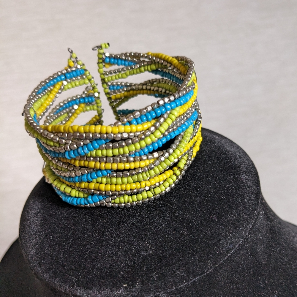 Flexible Cuff Beaded Bracelet Criss Cross in Blue, Yellow, and Silver Vintage